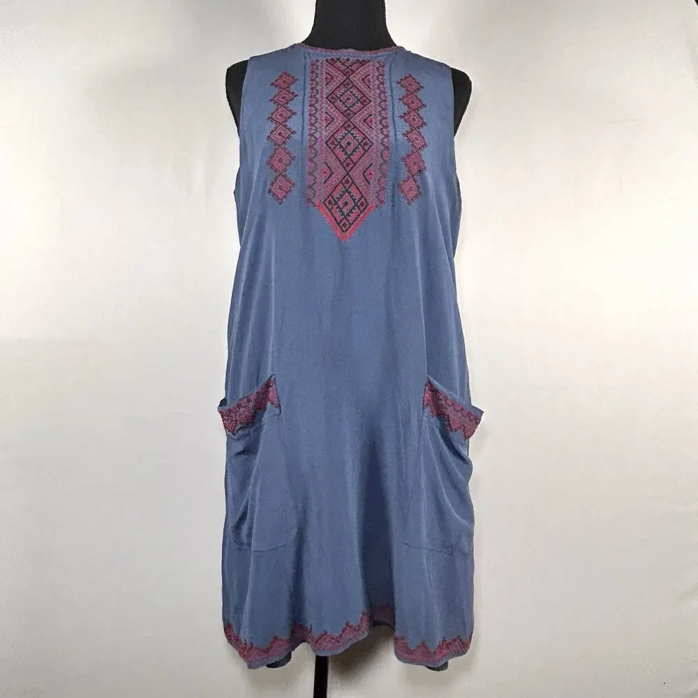 Madewell 100% Silk Boho Geometric Embroidered Shift Dress Blue Red Size L - Picture 2 of 10